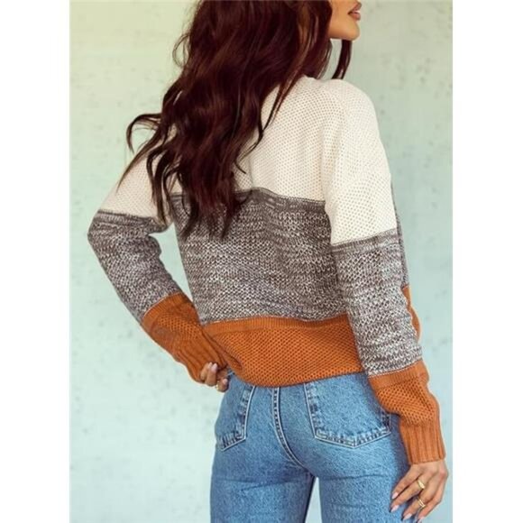 Women's Color Block Sweaters Long Sleeve Crewneck Pullover Knitted Jumper Tops - Picture 2 of 5